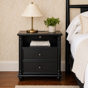 English Elm 28"nightstand Farmhouse Matte Finish Solid Wood Legs Built-in Charging Station Bedroom Bedside Black W3417P499357