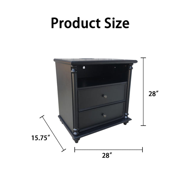 English Elm 28"nightstand Farmhouse Matte Finish Solid Wood Legs Built-in Charging Station Bedroom Bedside Black W3417P499357