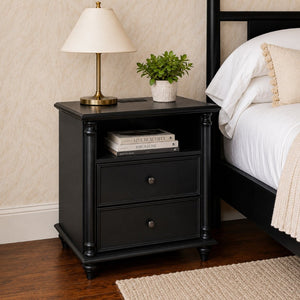 English Elm 28"nightstand Farmhouse Matte Finish Solid Wood Legs Built-in Charging Station Bedroom Bedside Black W3417P499357