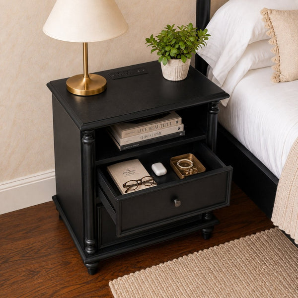 English Elm 28"nightstand Farmhouse Matte Finish Solid Wood Legs Built-in Charging Station Bedroom Bedside Black W3417P499357