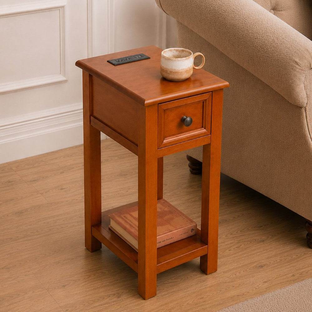English Elm End Table Mission Craftsman Walnut Veneer with Drawer Shelf and Built-in Charging Station W3417P499359