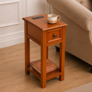 English Elm End Table Mission Craftsman Walnut Veneer with Drawer Shelf and Built-in Charging Station W3417P499359