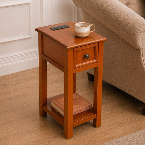 English Elm End Table Mission Craftsman Walnut Veneer with Drawer Shelf and Built-in Charging Station W3417P499359