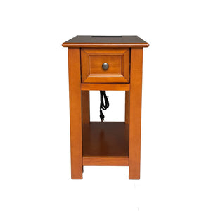 English Elm End Table Mission Craftsman Walnut Veneer with Drawer Shelf and Built-in Charging Station W3417P499359