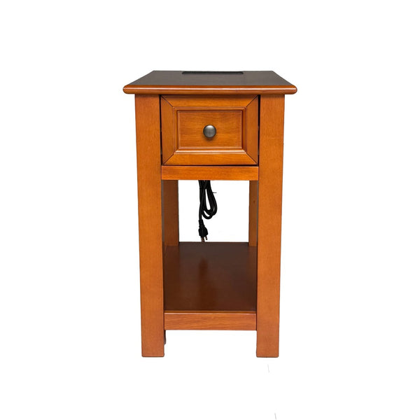 English Elm End Table Mission Craftsman Walnut Veneer with Drawer Shelf and Built-in Charging Station W3417P499359