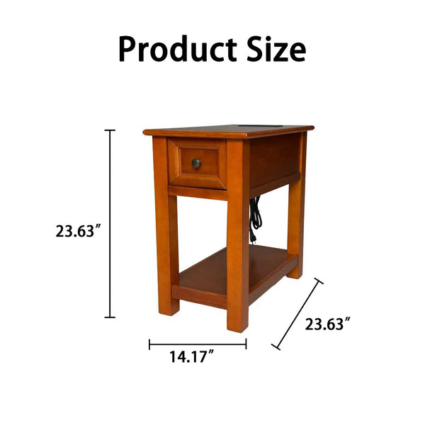 English Elm End Table Mission Craftsman Walnut Veneer with Drawer Shelf and Built-in Charging Station W3417P499359