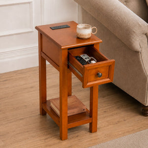 English Elm End Table Mission Craftsman Walnut Veneer with Drawer Shelf and Built-in Charging Station W3417P499359