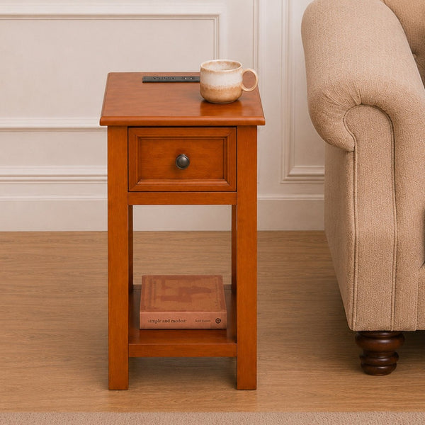 English Elm End Table Mission Craftsman Walnut Veneer with Drawer Shelf and Built-in Charging Station W3417P499359