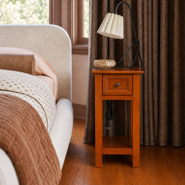 English Elm End Table Mission Craftsman Walnut Veneer with Drawer Shelf and Built-in Charging Station W3417P499359