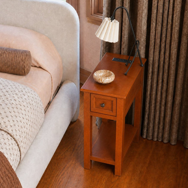 English Elm End Table Mission Craftsman Walnut Veneer with Drawer Shelf and Built-in Charging Station W3417P499359