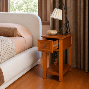 English Elm End Table Mission Craftsman Walnut Veneer with Drawer Shelf and Built-in Charging Station W3417P499359
