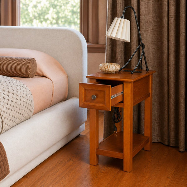 English Elm End Table Mission Craftsman Walnut Veneer with Drawer Shelf and Built-in Charging Station W3417P499359