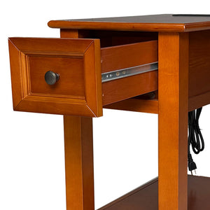 English Elm End Table Mission Craftsman Walnut Veneer with Drawer Shelf and Built-in Charging Station W3417P499359