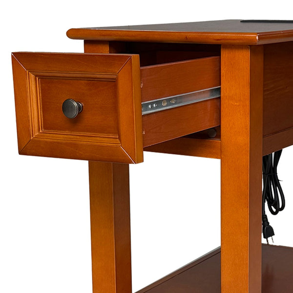 English Elm End Table Mission Craftsman Walnut Veneer with Drawer Shelf and Built-in Charging Station W3417P499359