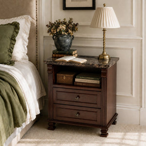 English Elm Tall Walnut Nightstand with Built-in Charging Station and Two Drawers for Bedroom W3417P499362