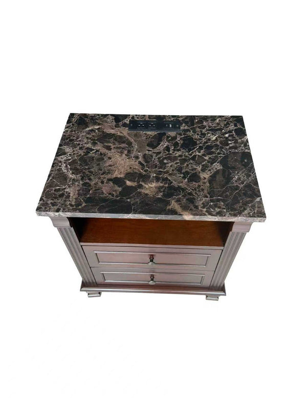 English Elm Tall Walnut Nightstand with Built-in Charging Station and Two Drawers for Bedroom W3417P499362