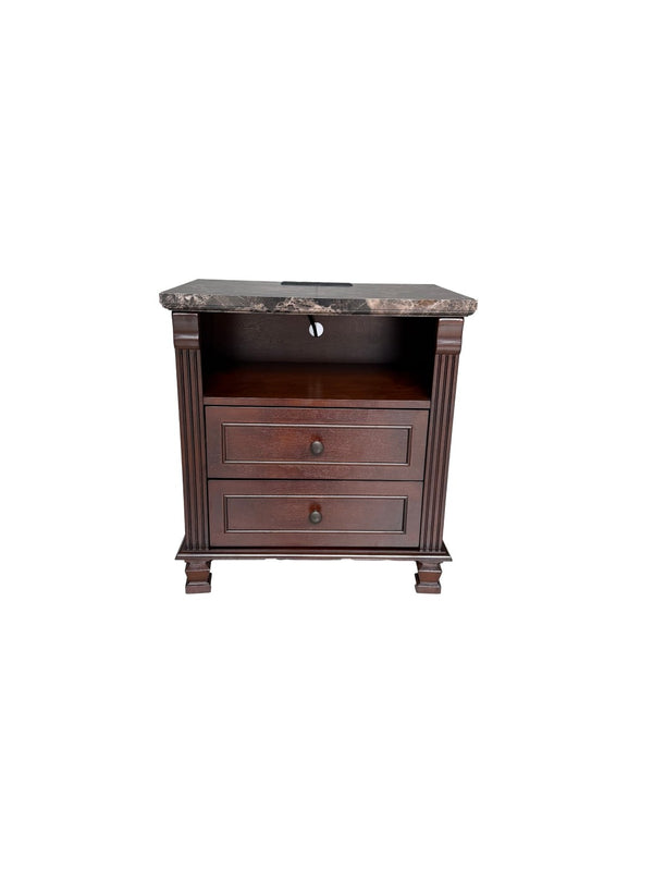 English Elm Tall Walnut Nightstand with Built-in Charging Station and Two Drawers for Bedroom W3417P499362