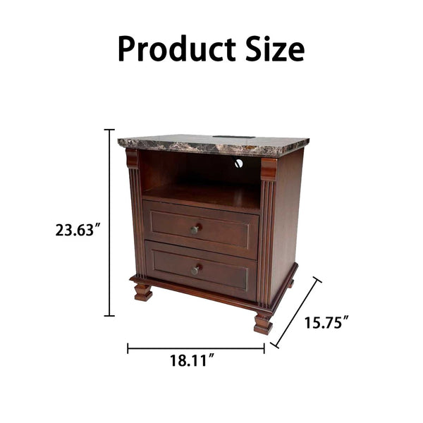 English Elm Tall Walnut Nightstand with Built-in Charging Station and Two Drawers for Bedroom W3417P499362