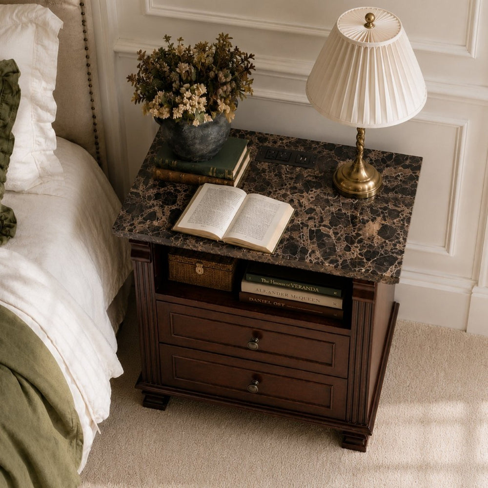 English Elm Tall Walnut Nightstand with Built-in Charging Station and Two Drawers for Bedroom W3417P499362