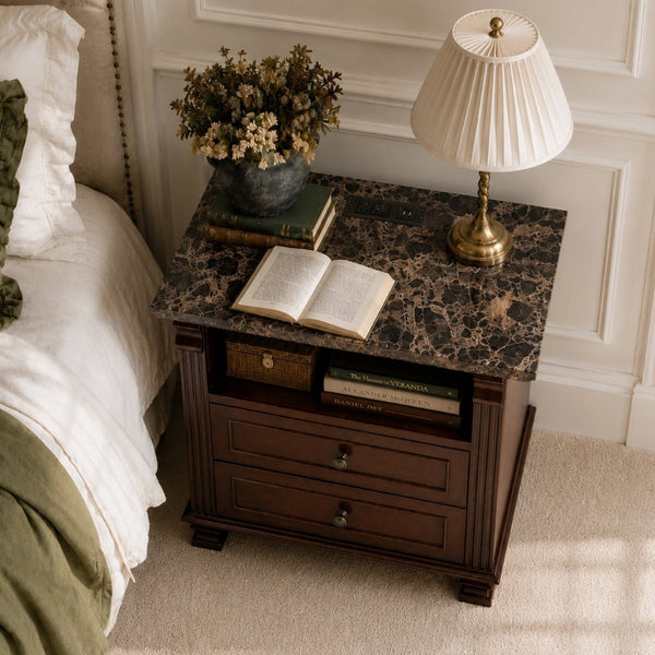 English Elm Tall Walnut Nightstand with Built-in Charging Station and Two Drawers for Bedroom W3417P499362