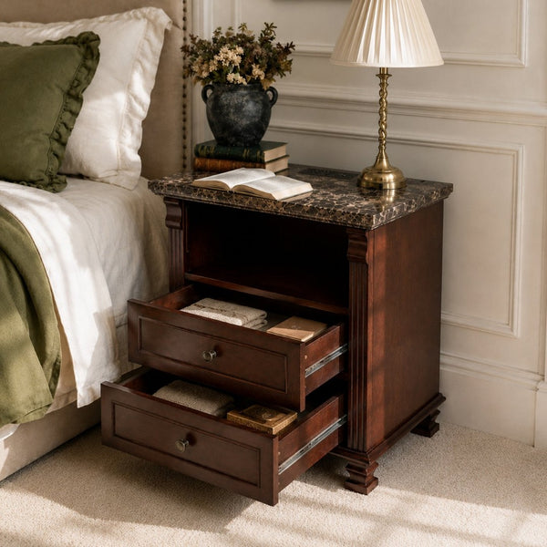 English Elm Tall Walnut Nightstand with Built-in Charging Station and Two Drawers for Bedroom W3417P499362