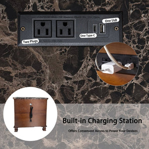 English Elm Tall Walnut Nightstand with Built-in Charging Station and Two Drawers for Bedroom W3417P499362
