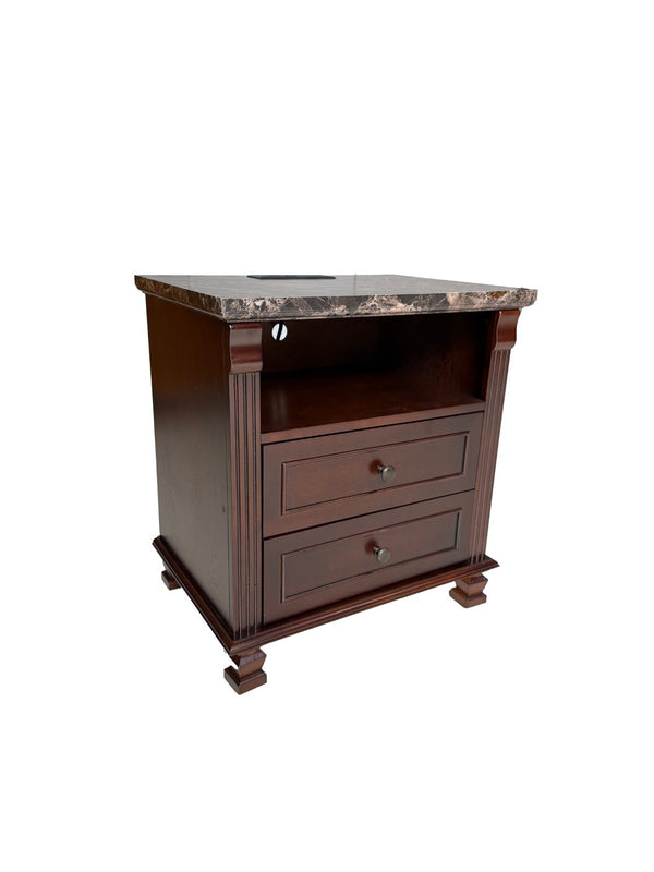 English Elm Tall Walnut Nightstand with Built-in Charging Station and Two Drawers for Bedroom W3417P499362