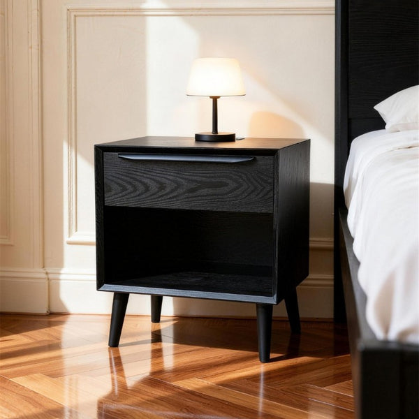 English Elm Mid Century Modern Nightstand with Drawer Open Shelf and Built-In Charging Station W3417P499364