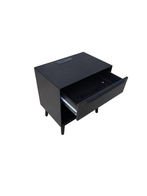 English Elm Mid Century Modern Nightstand with Drawer Open Shelf and Built-In Charging Station W3417P499364