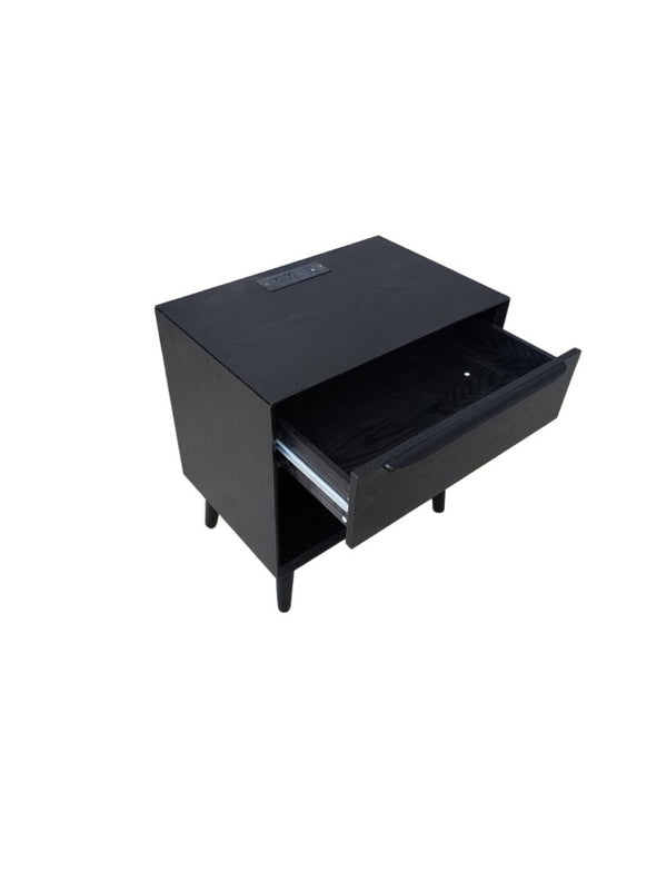 English Elm Mid Century Modern Nightstand with Drawer Open Shelf and Built-In Charging Station W3417P499364