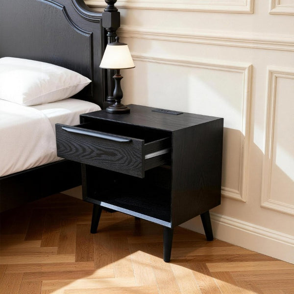 English Elm Mid Century Modern Nightstand with Drawer Open Shelf and Built-In Charging Station W3417P499364
