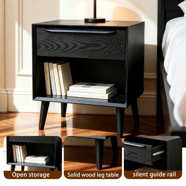 English Elm Mid Century Modern Nightstand with Drawer Open Shelf and Built-In Charging Station W3417P499364