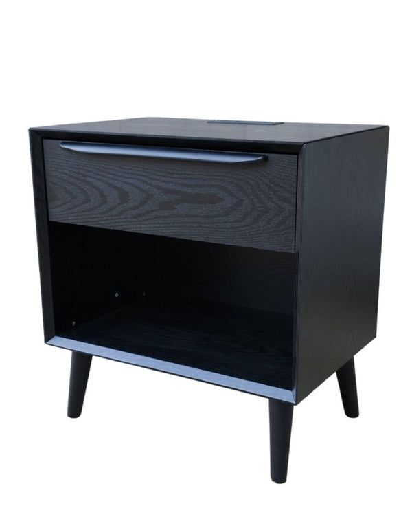English Elm Mid Century Modern Nightstand with Drawer Open Shelf and Built-In Charging Station W3417P499364