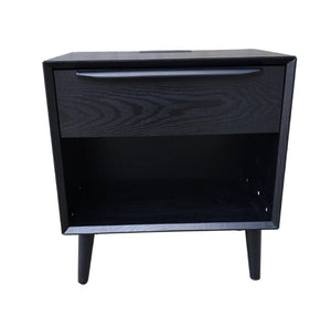 English Elm Mid Century Modern Nightstand with Drawer Open Shelf and Built-In Charging Station W3417P499364