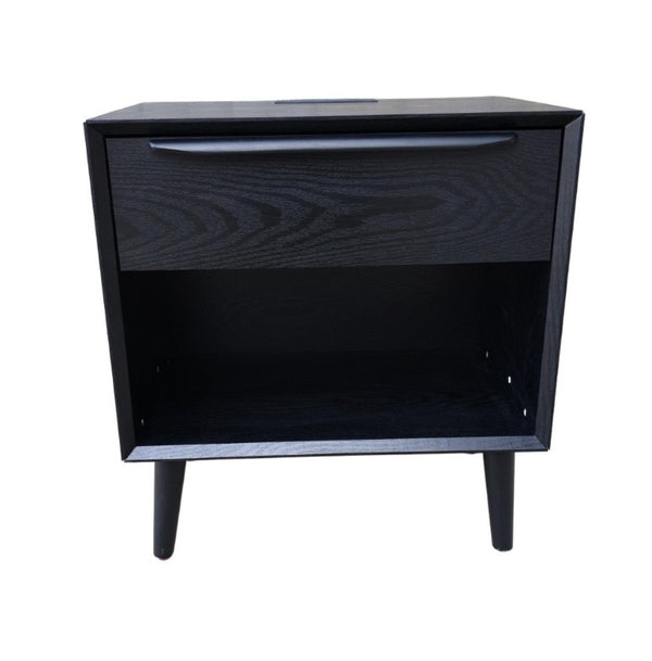 English Elm Mid Century Modern Nightstand with Drawer Open Shelf and Built-In Charging Station W3417P499364