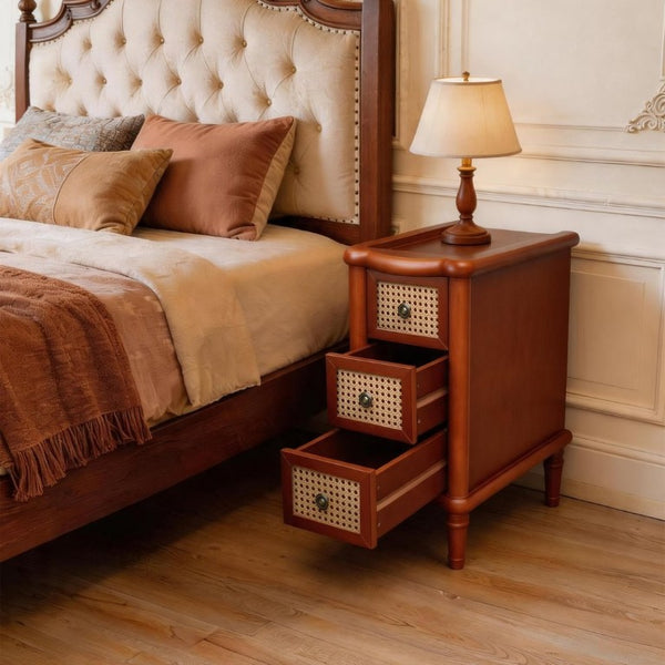 English Elm End Table Solid Wood Nightstand with Rattan Mesh Drawers Slim Bedside Storage W3417P499368