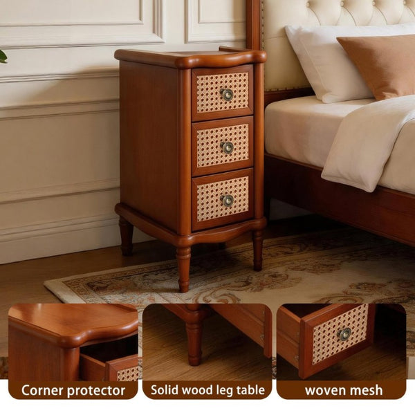 English Elm End Table Solid Wood Nightstand with Rattan Mesh Drawers Slim Bedside Storage W3417P499368