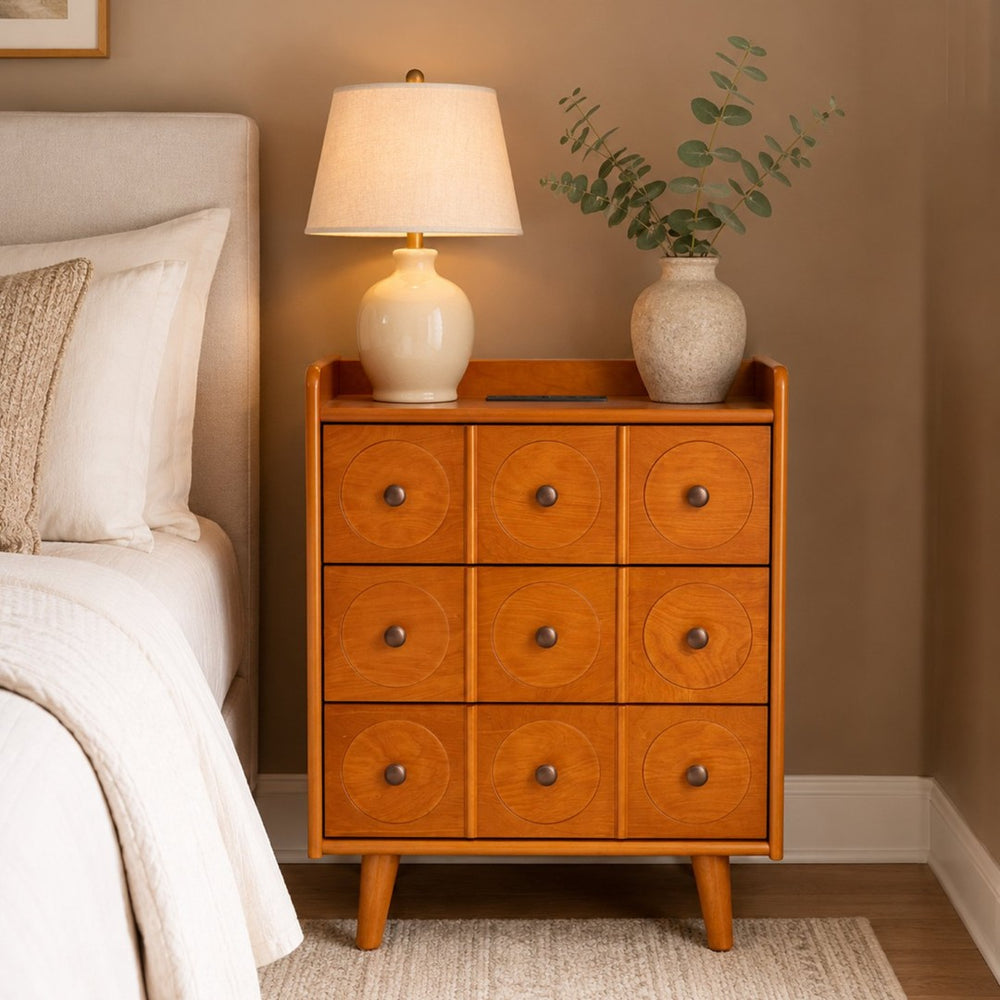 English Elm 3-Drawer End Table with Built-In Charging Station Solid Wood Legs Natural Finish W3417P499370