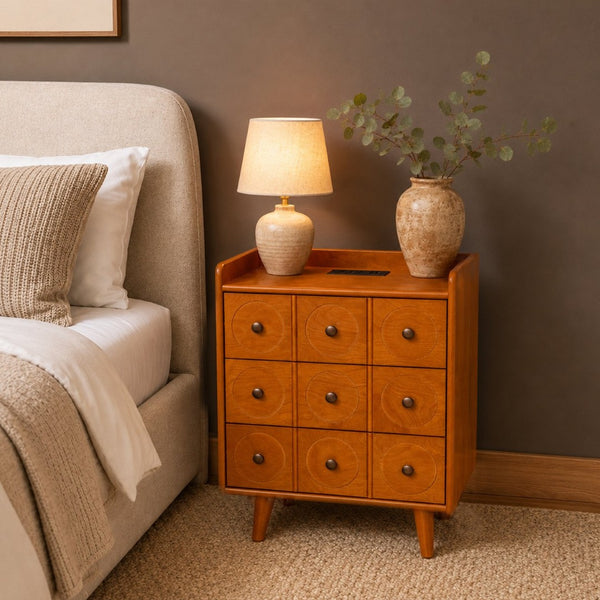 English Elm 3-Drawer End Table with Built-In Charging Station Solid Wood Legs Natural Finish W3417P499370