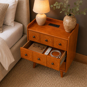 English Elm 3-Drawer End Table with Built-In Charging Station Solid Wood Legs Natural Finish W3417P499370