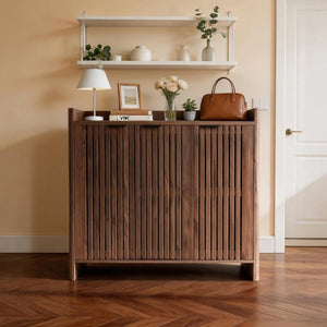 English Elm Walnut Slatted Door Shoe Cabinet with Console Shelf for Foyer or Living Room W3417P524604