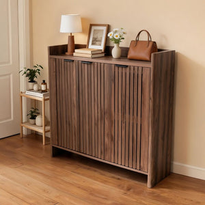 English Elm Walnut Slatted Door Shoe Cabinet with Console Shelf for Foyer or Living Room W3417P524604