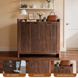 English Elm Walnut Slatted Door Shoe Cabinet with Console Shelf for Foyer or Living Room W3417P524604