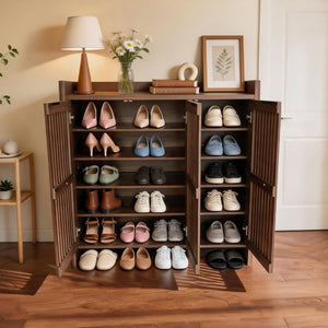 English Elm Walnut Slatted Door Shoe Cabinet with Console Shelf for Foyer or Living Room W3417P524604