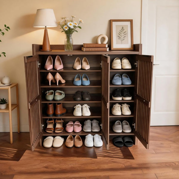 English Elm Walnut Slatted Door Shoe Cabinet with Console Shelf for Foyer or Living Room W3417P524604
