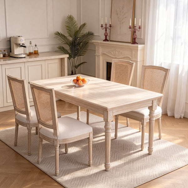 English Elm French Country Dining Chair Set Rattan Square Back Carved Solid Wood Linen Seat W3426P500276