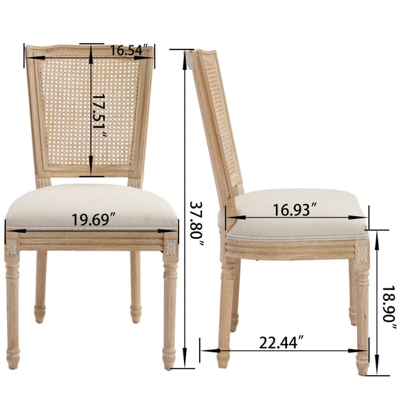 English Elm French Country Dining Chair Set Rattan Square Back Carved Solid Wood Linen Seat W3426P500276