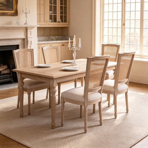 English Elm French Country Dining Chair Set Rattan Square Back Carved Solid Wood Linen Seat W3426P500276