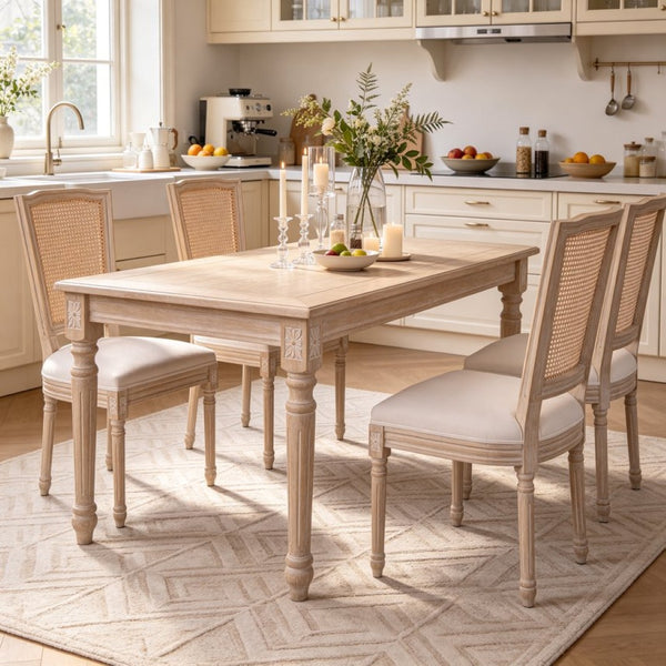 English Elm French Country Dining Chair Set Rattan Square Back Carved Solid Wood Linen Seat W3426P500276