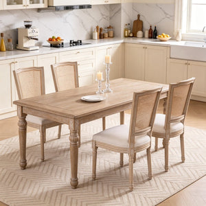 English Elm French Country Dining Chair Set Rattan Square Back Carved Solid Wood Linen Seat W3426P500276